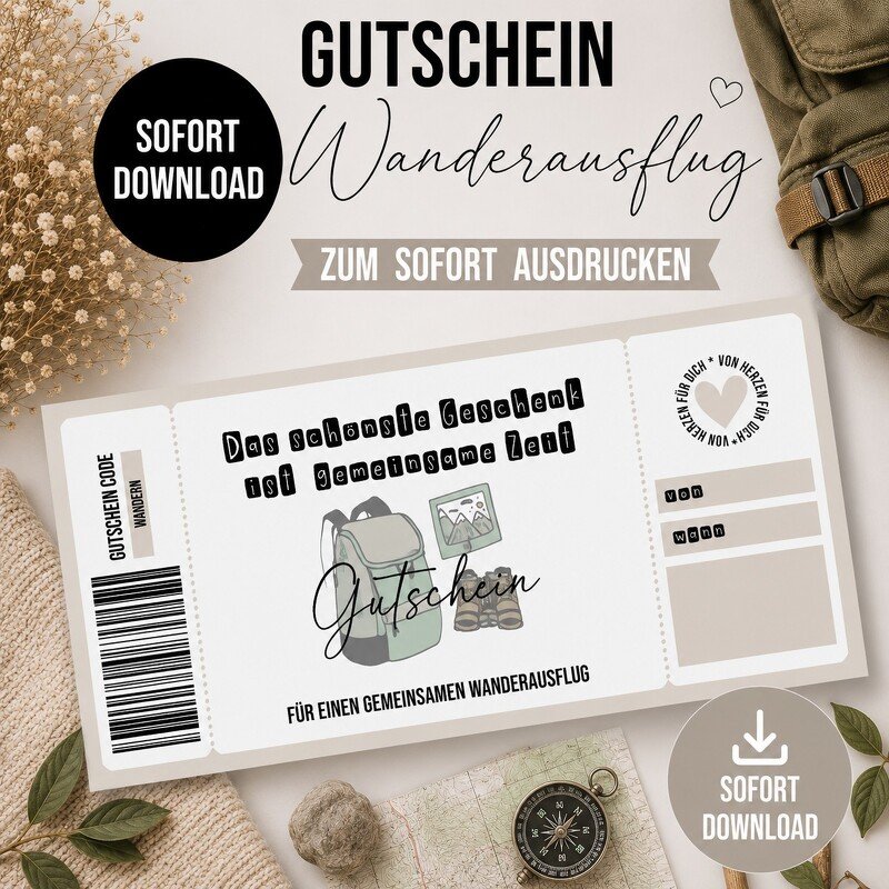 Gutschein zum Ausdrucken WANDERAUSFLUG digitale Datei Gutschein DOWNLOAD