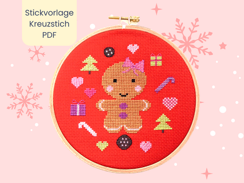Stickvorlage PDF "Kleines Lebkuchenmädchen" Download Vorlage, Weihnachten