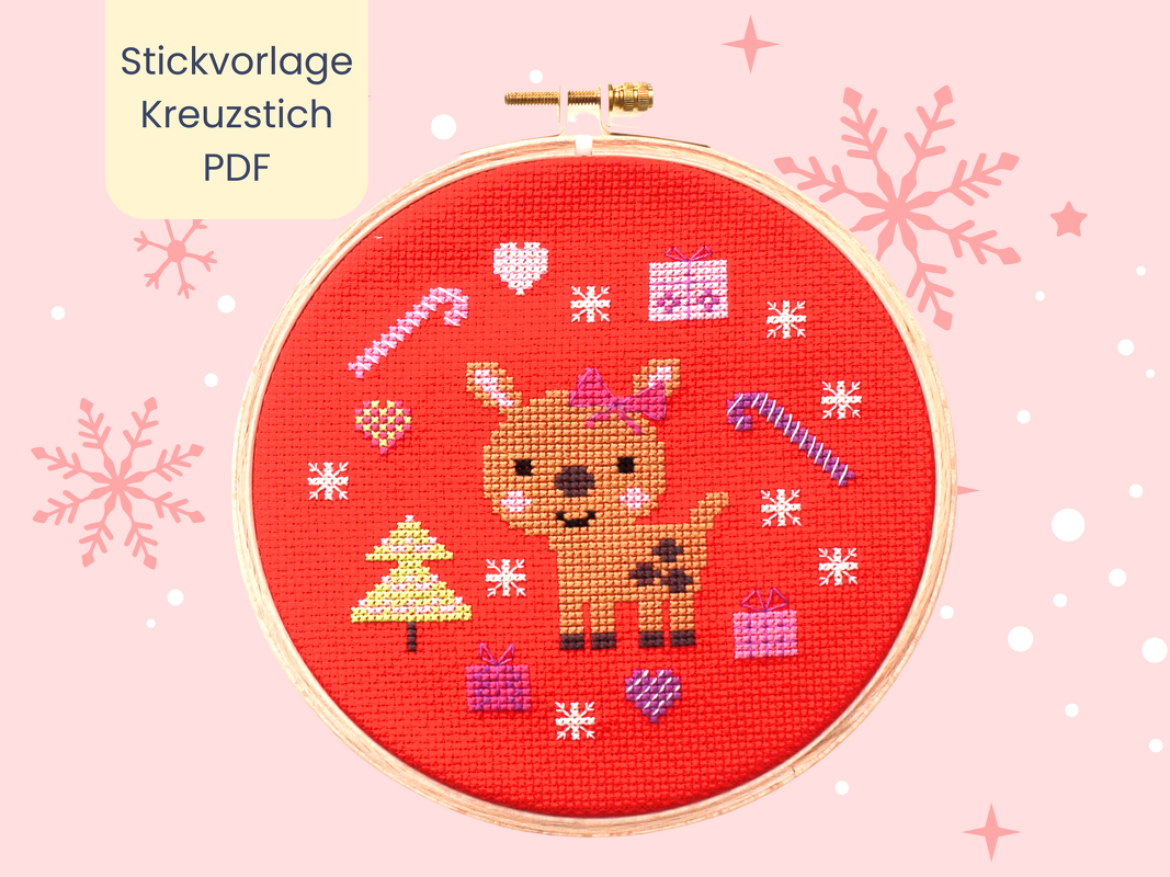 Stickvorlage PDF "Kleines Weihnachtsreh" Download Vorlage, Weihnachten
