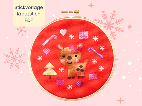 Stickvorlage PDF "Kleines Weihnachtsreh" Download Vorlage, Weihnachten
