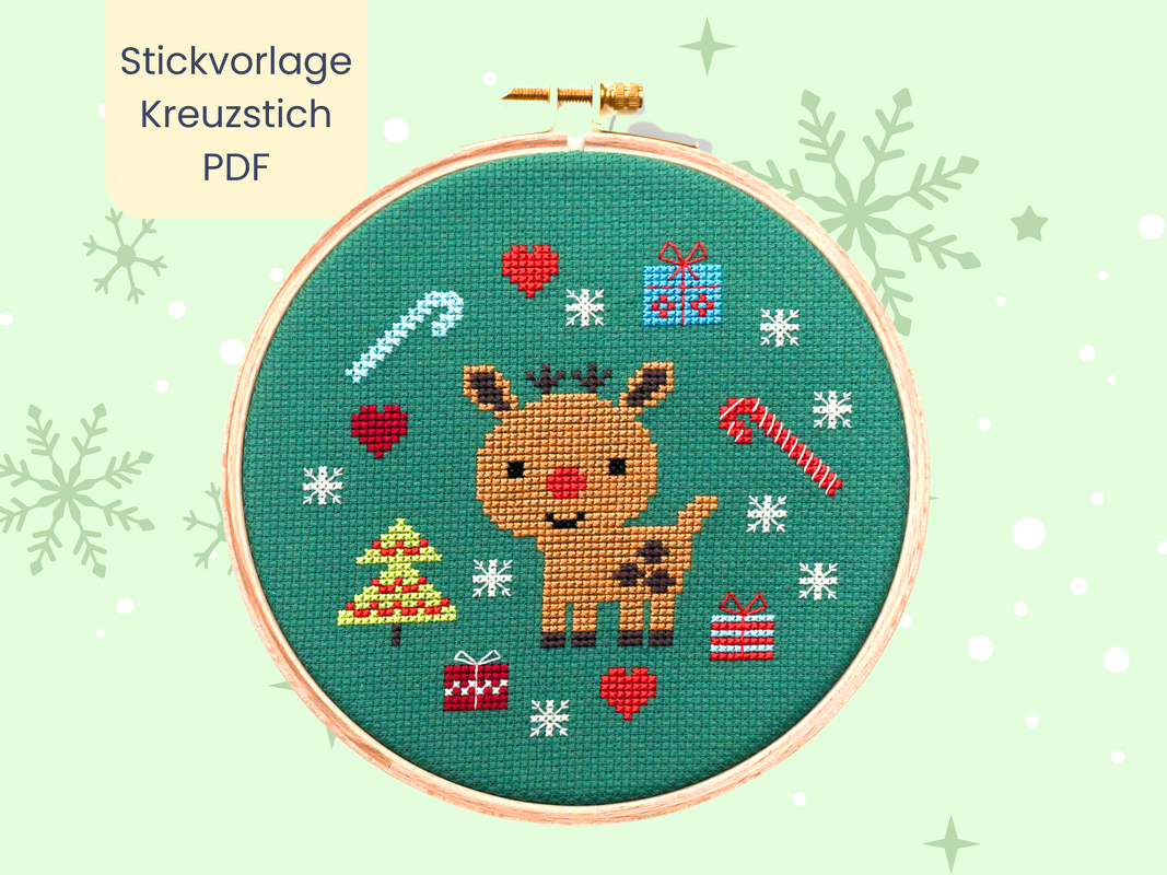 Stickvorlage PDF "Kleiner Weihnachtshirsch" Download Vorlage,Weihnachten