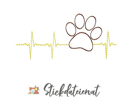 Herzschlag Stickdatei, Doodle, Herzschlag mit Hundepfote Stickdatei