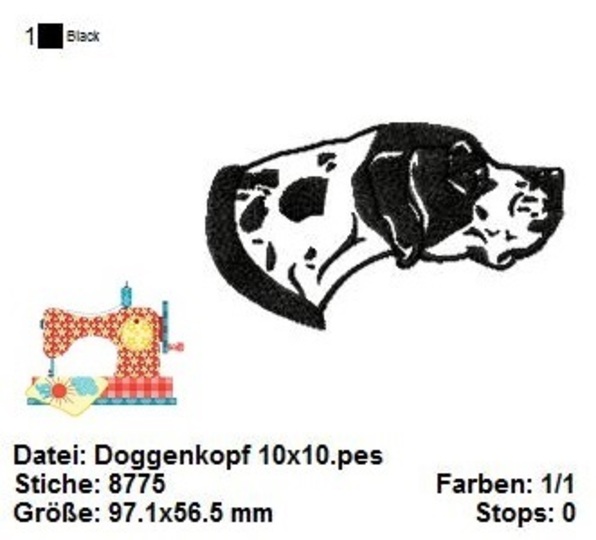 Doggenkopf Stickdatei, Hunderasse Stickdatei in 2 Größen