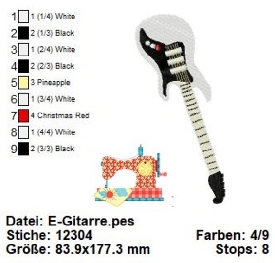 Stickdatei E-Gitarre, Musik Stickdatei 13x18, Gitarren Stickdatei