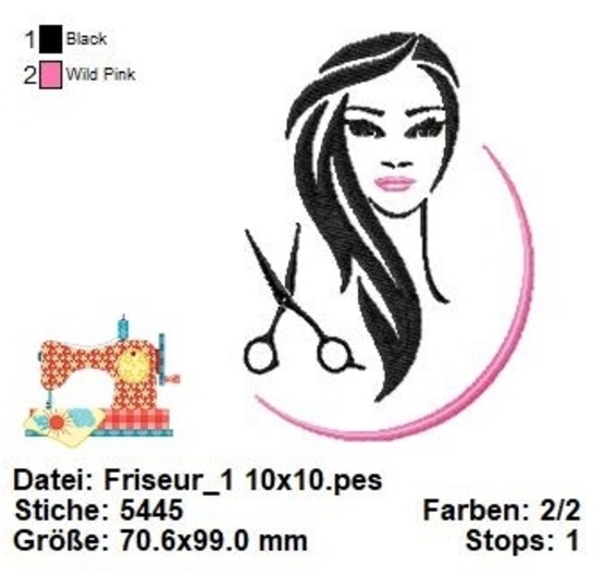 Stickdatei Friseur Hairdresser, Stickdatei in 3 Größen, maschinensticken