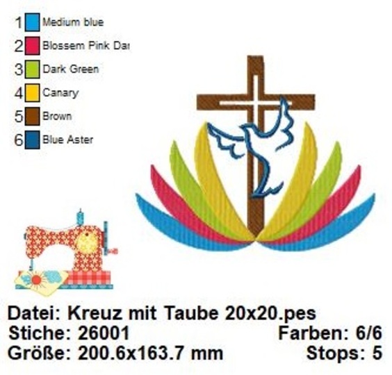 Stickdatei Kreuz mit Taube, Stickdatei Taufe Kommunion, Maschinensticken