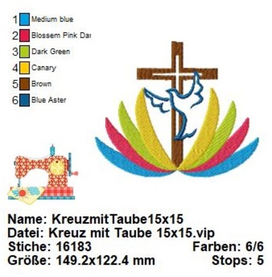 Stickdatei Kreuz mit Taube, Stickdatei Taufe Kommunion, Maschinensticken