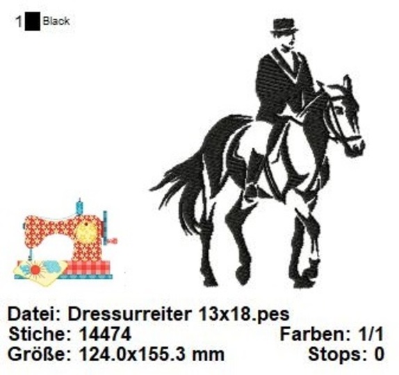 Stickdatei Dressurreiter, Pferdesport Stickdatei 13x18, Maschinensticken