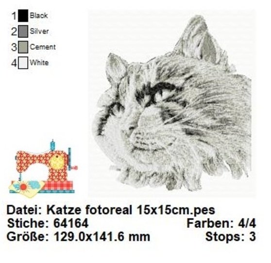Katzen STICKDATEI, fotorealistische Stickdatei, Stickdatei Katzenkopf