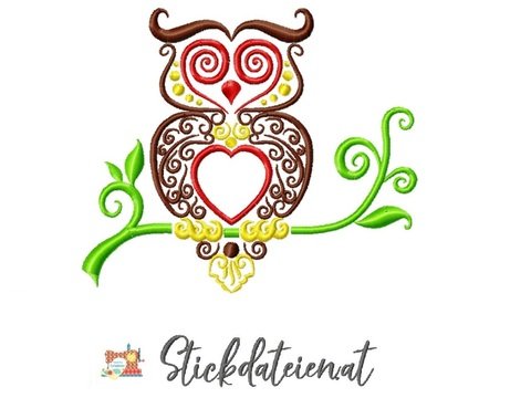 Stickdatei Eule elegant, Stickdatei 13x18, moderne Eule auf Ast