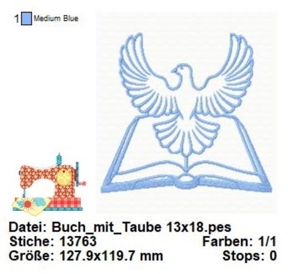 Stickdatei Buch mit Taube, Kommunion, Taufe Stickdatei, Maschinensticken