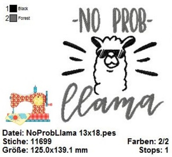 Stickdatei No Prob Llama Spruch, Stickdatei in 2 Größen, Maschinensticken