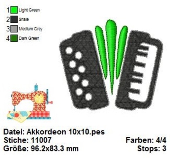 Akkordeon Stickdatei, Musik Harmonika Stickdatei 10x10, Maschinensticken