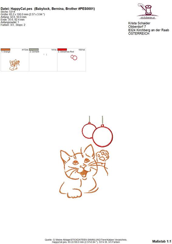 Stickdatei Katze mit Christbaumkugeln, Stickdatei 10x10, Maschinensticken - Bild 2