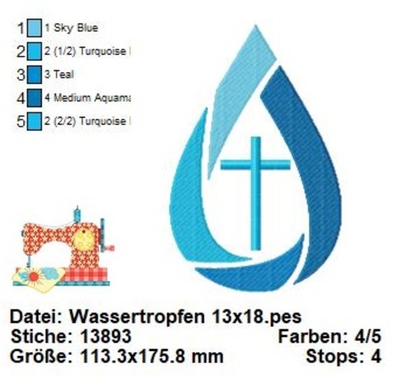 Stickdatei Wassertropfen, Kommunion, Taufe Stickvorlage in 3 Größen