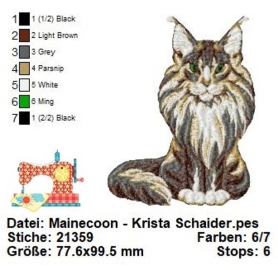 Katzen STICKDATEI, fotorealistische Stickdatei, Stickdatei Mainecoon Katze