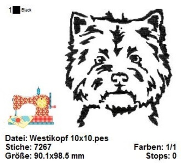Stickdatei West Highland Terrier, Hunderasse Stickdatei 10x10, Stickvorlage