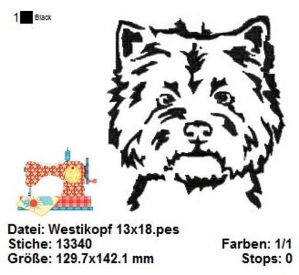 Stickdatei West Highland Terrier, Hunderasse Stickdatei 10x10, Stickvorlage