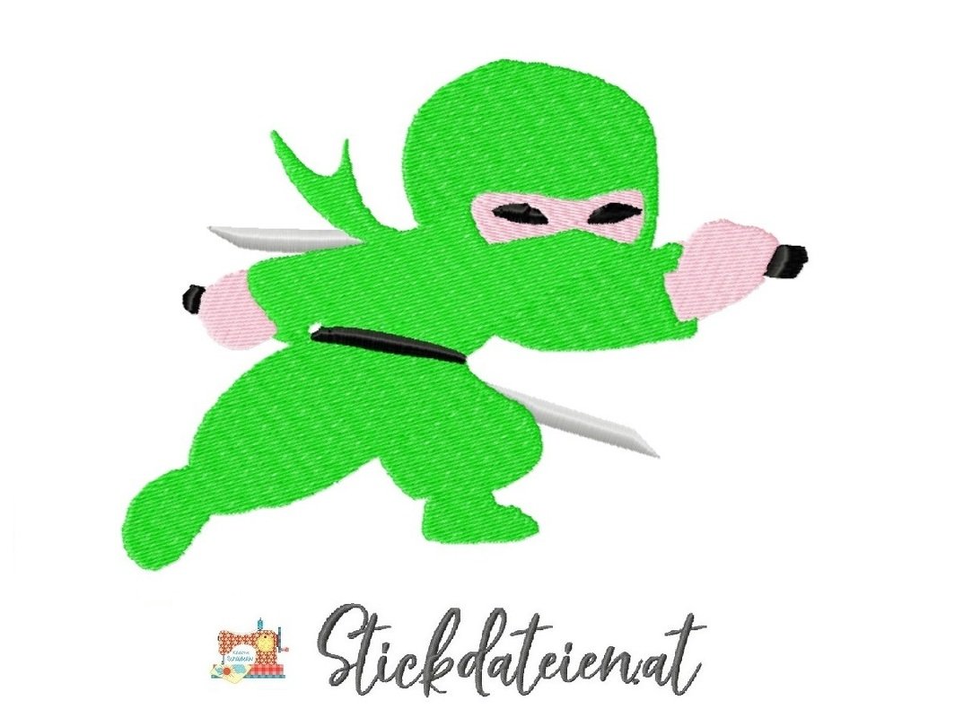 Grüner Ninja mit rosa Maske und Handschuhen, schwarzem Gürtel und zwei Schwertern, gestickt auf weißem Hintergrund.