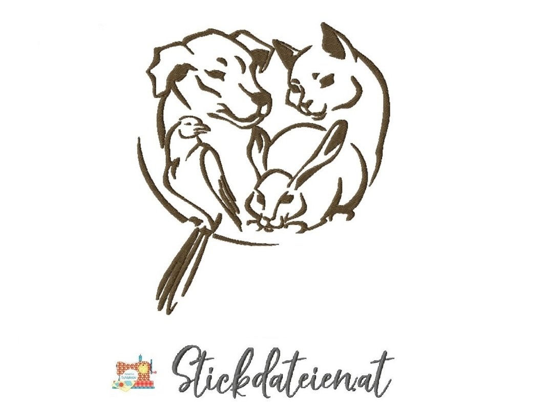 Stickdatei Tierliebe, Hund, Katze, Hase, Vogel, Stickdatei in 3 Größen