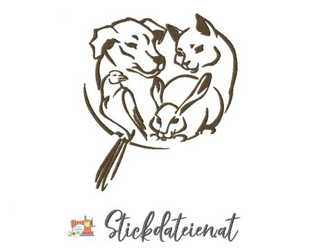 Stickdatei Tierliebe, Hund, Katze, Hase, Vogel, Stickdatei in 3 Größen