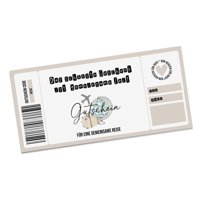 Bastelvorlage für einen Reisegutschein im Ticketformat mit Feldern zum Ausfüllen und Barcode