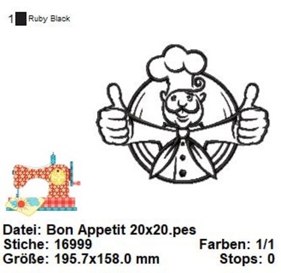 Stickdatei Küchenchef, Bon Appetit Küche Stickvorlage, Koch Stickdatei