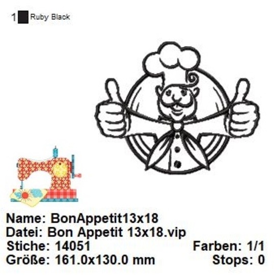 Stickdatei Küchenchef, Bon Appetit Küche Stickvorlage, Koch Stickdatei