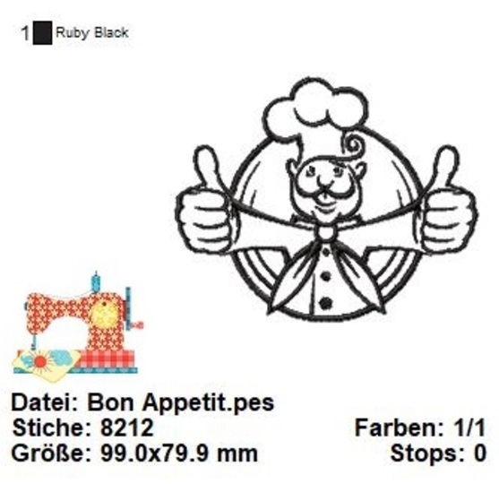 Stickdatei Küchenchef, Bon Appetit Küche Stickvorlage, Koch Stickdatei