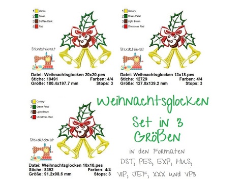 Weihnachtsglocken Stickdatei, Weihnachtliches Set Stickdatei