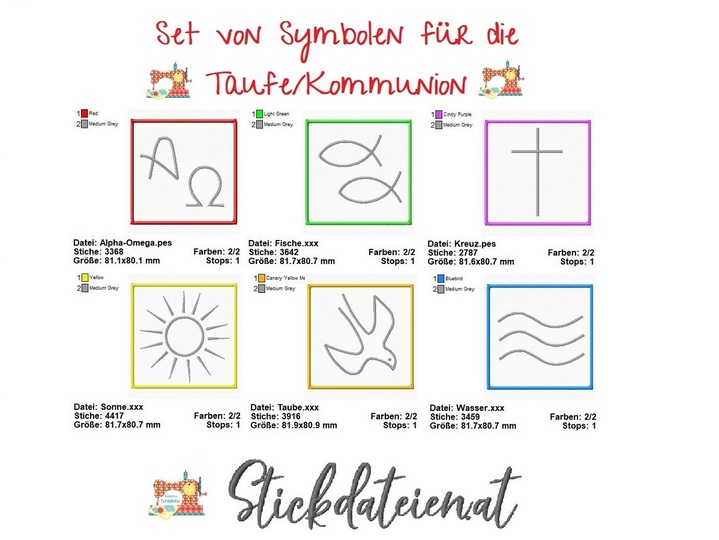 Stickdatei Symbole Taufe, Stickdatei Kommunion, religiöse Stickdateien