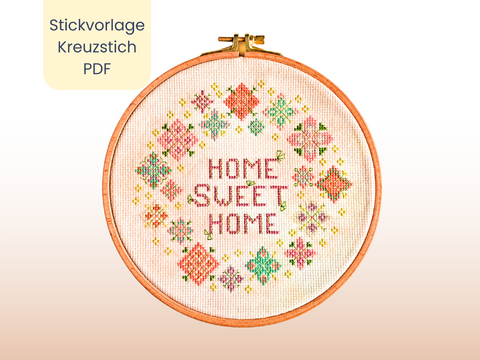 Stickvorlage PDF "Pastelliger Blumenkranz" Download Vorlage Kreuzstich