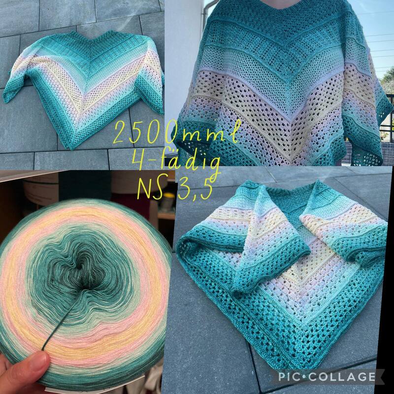 Gehäkelter Poncho in Türkis und Pastellfarben mit durchbrochenem Lochmuster und sichtbarem Garnwickel