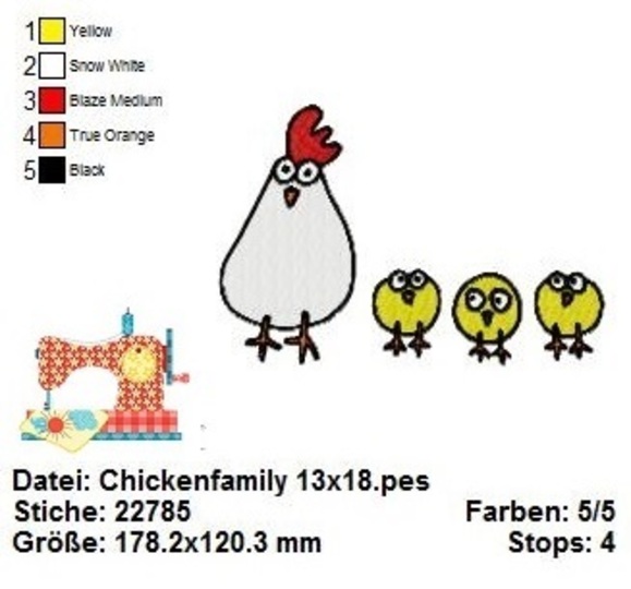 Stickdatei Hühnerfamilie, Küken Stickdatei 13x18, Maschinensticken