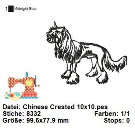 Stickdatei Chinese Crested, Hunderassen Stickdatei in 3 Größen
