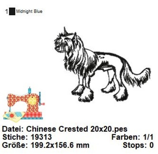 Stickdatei Chinese Crested, Hunderassen Stickdatei in 3 Größen