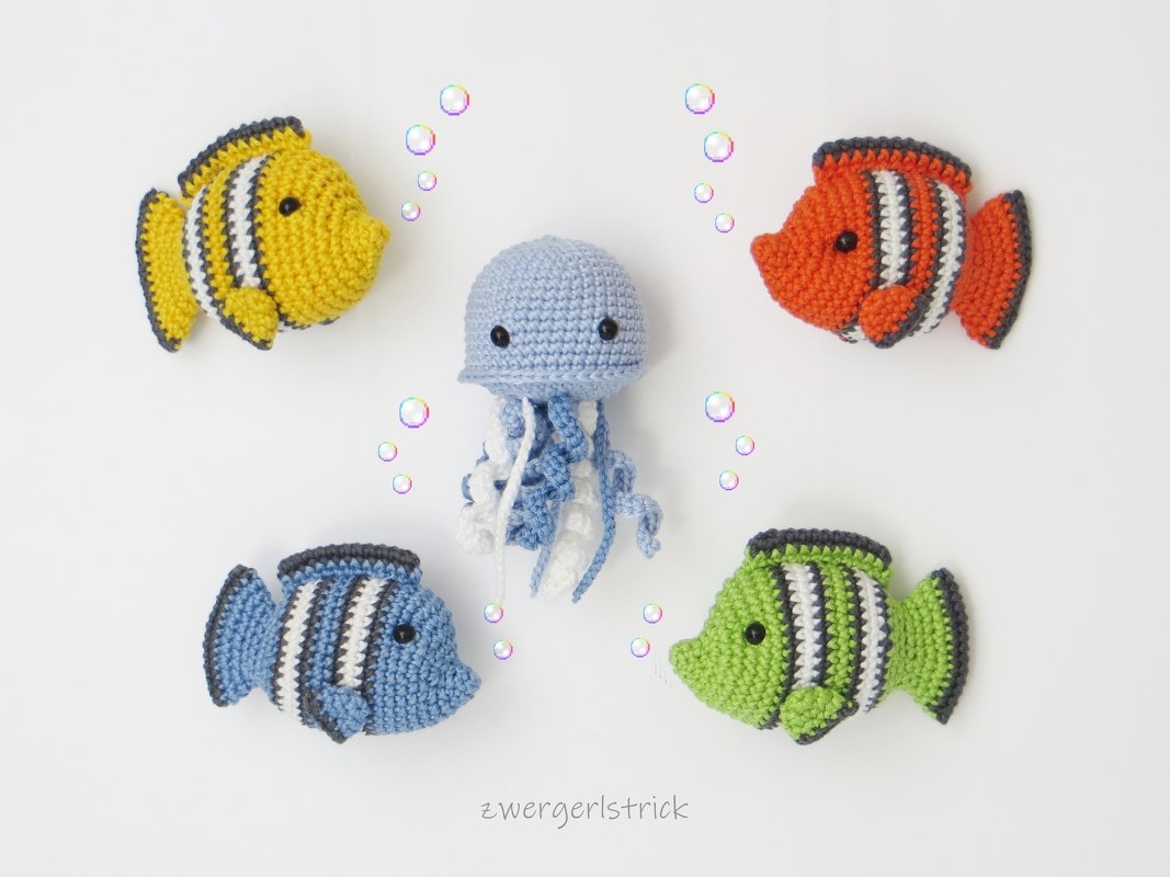 Häkelanleitung für bunte Clownfische und Qualle - Mobile oder Anhänger