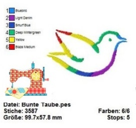 Bunte Taube Stickdatei, religiöse Stickvorlage 10x10, Maschinensticken