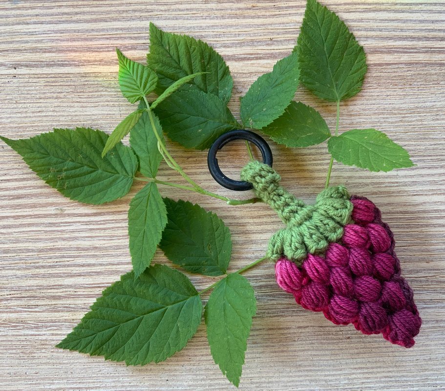 Gehäkelter Trauben-Schlüsselanhänger mit violetten Beeren, grünem Stiel und schwarzem Schlüsselring auf Holzuntergrund mit grünen Blättern