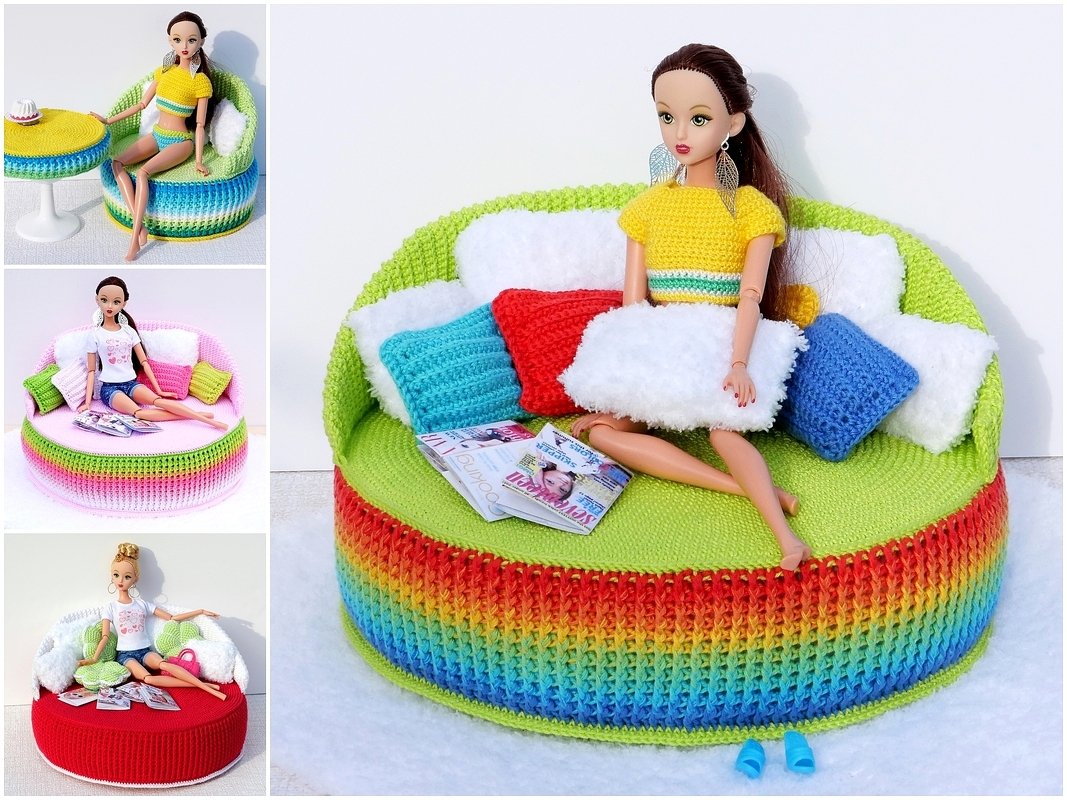 Set Runde Sitzmöbel mit Kissen, Decken, Teppich für kleine Puppen