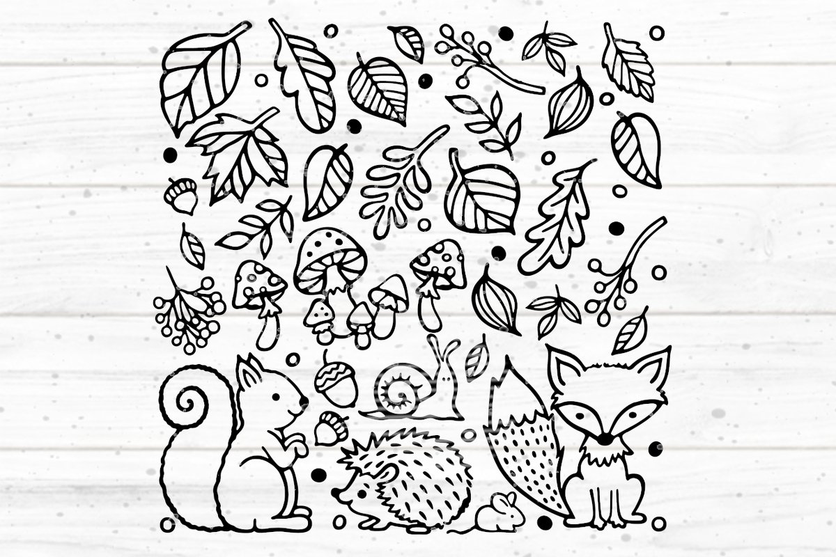 Schwarz-weiße Konturen einzelner Waldmotive: Blätter, Pilze, Eicheln, Beeren und Waldtiere