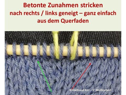 Stricktechnik für nach rechts/links geneigte Zunahmen aus dem Querfaden