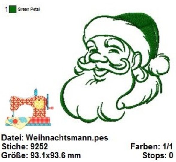 Weihnachtsmann Stickdatei, Weihnachtliche digitale Stickvorlage in 2 Größen