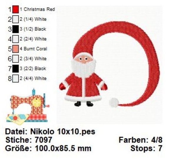 Weihnachtsmann Stickdatei, Weihnachtliche digitale Stickvorlage in 3 Größen