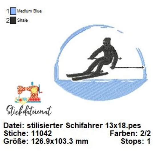 Schifahrer Stickdatei, Stickdatei Wintersport, Stickdatei 13x18