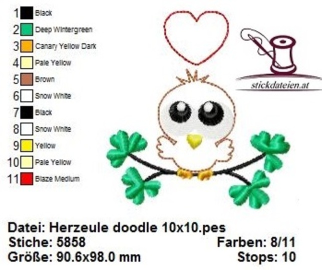Applikation Eule mit Herz Doodle, Stickdatei 10x10, Eulenapplikation
