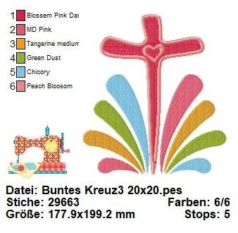 Stickdatei buntes Kreuz, Kommunion Stickvorlage, Stickdatei für Taufe - Bild 2