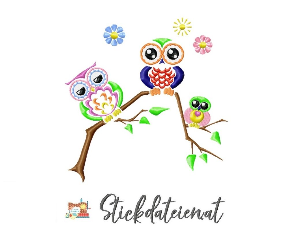 Stickdatei Eulenfamilie, Stickdatei 20x20 Eule auf Ast, Maschinensticken