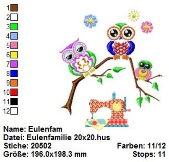 Stickdatei Eulenfamilie, Stickdatei 20x20 Eule auf Ast, Maschinensticken