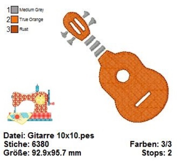 Stickdatei Gitarre, Musik Stickdatei 10x10, digitale Stickvorlage für Musik